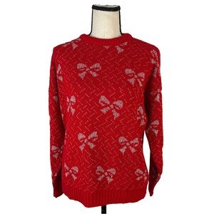 Vintage Bow Sweater | Red Metallic Knit Coquette Holiday Pullover Made USA